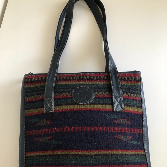 BORN Wool Navy Leather Southwestern Boho Tote Shopper Bag - Picture 2 of 11
